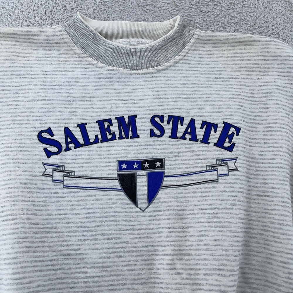 Vintage Salem State Striped Crewneck Sweatshirt Mens BOXY Medium Gray‎ NCAA 90s